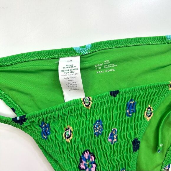 Aerie Floral Green Bottom Swimwear Shirred Cheeky Medium - Picture 3 of 6